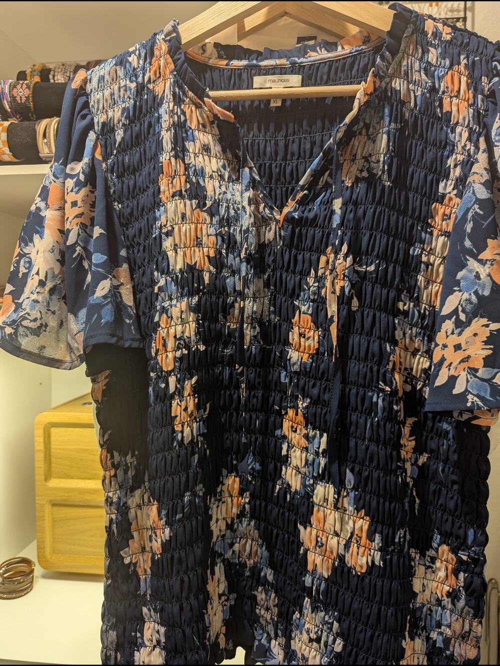 Maurices Navy Floral Smocked Short Sleeve Blouse - Picture 2 of 7